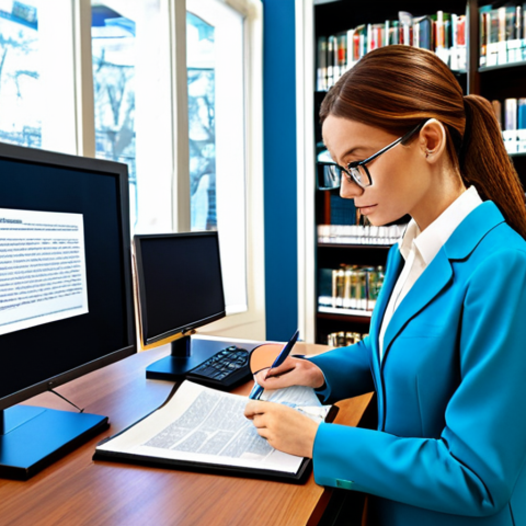 AI and Information Verification**
"A librarian in a modern, well-lit library, surrounded by books and digital screens displaying news articles, fully clothed in professional attire, carefully examining a document with a magnifying glass, safe for work, appropriate content, perfect anatomy, correct proportions, high-resolution, family-friendly."
**