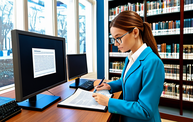 AI and Information Verification**
"A librarian in a modern, well-lit library, surrounded by books and digital screens displaying news articles, fully clothed in professional attire, carefully examining a document with a magnifying glass, safe for work, appropriate content, perfect anatomy, correct proportions, high-resolution, family-friendly."
**