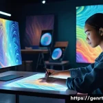Home 20 생성형 AI의 미래 창의적 산업 전망 - A futuristic art studio scene where a human artist and a sleek, glowing generative AI hologram colla...