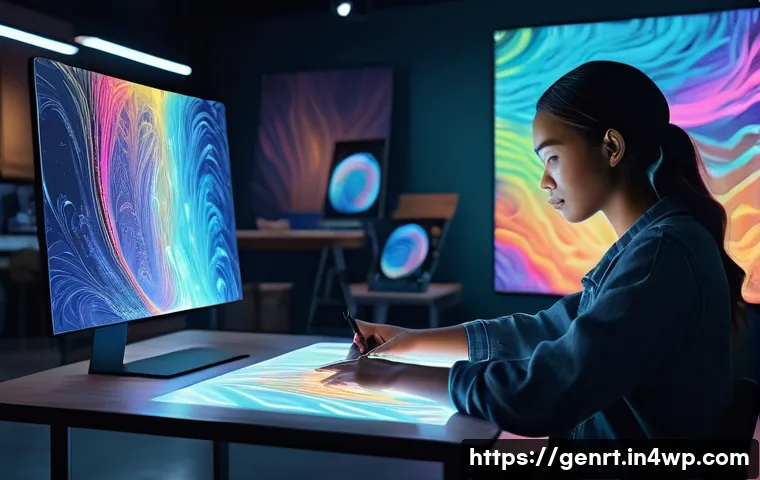 생성형 AI의 미래 창의적 산업 전망 - A futuristic art studio scene where a human artist and a sleek, glowing generative AI hologram colla...