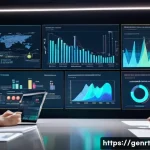 Home 19 생성형 AI를 통한 데이터 분석의 창의적 접근 - A futuristic office scene with diverse professionals gathered around a large digital touchscreen tab...