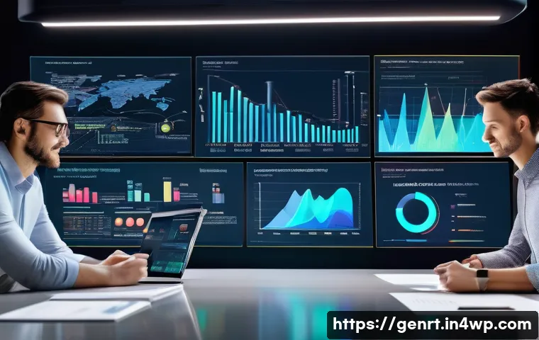 생성형 AI를 통한 데이터 분석의 창의적 접근 - A futuristic office scene with diverse professionals gathered around a large digital touchscreen tab...
