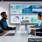 Home 18 생성형 AI로 브랜드 스토리 개발하기 - A creative workspace scene showing a diverse team collaborating with AI technology to develop brand ...