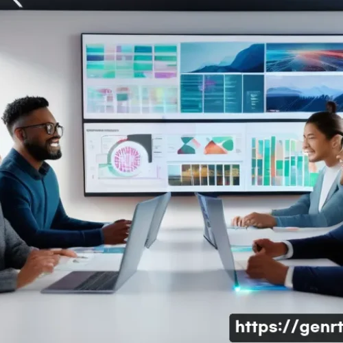 Home 30 생성형 AI로 브랜드 스토리 개발하기 - A creative workspace scene showing a diverse team collaborating with AI technology to develop brand ...