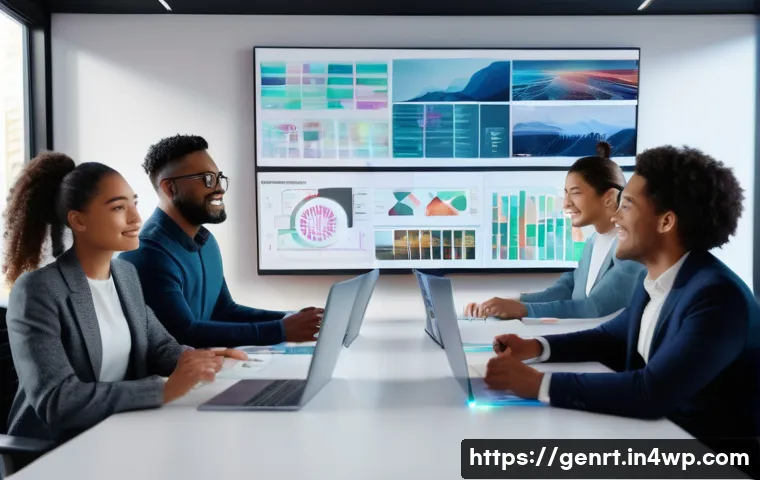 생성형 AI로 브랜드 스토리 개발하기 - A creative workspace scene showing a diverse team collaborating with AI technology to develop brand ...