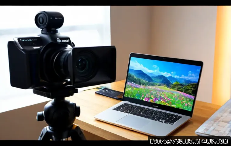 생성형 AI로 영상 콘텐츠 제작하기 - Photorealistic modern home studio, a focused adult video creator seated at a clean desk using a lapt...